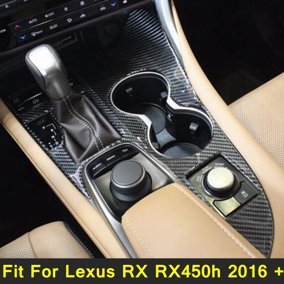 Carbon Fiber Car Interior Inner Console Gear Shift Box Panel + Water Cup Holder Frame Cover Trim For Lexus RX RX450h 2016 - 2021