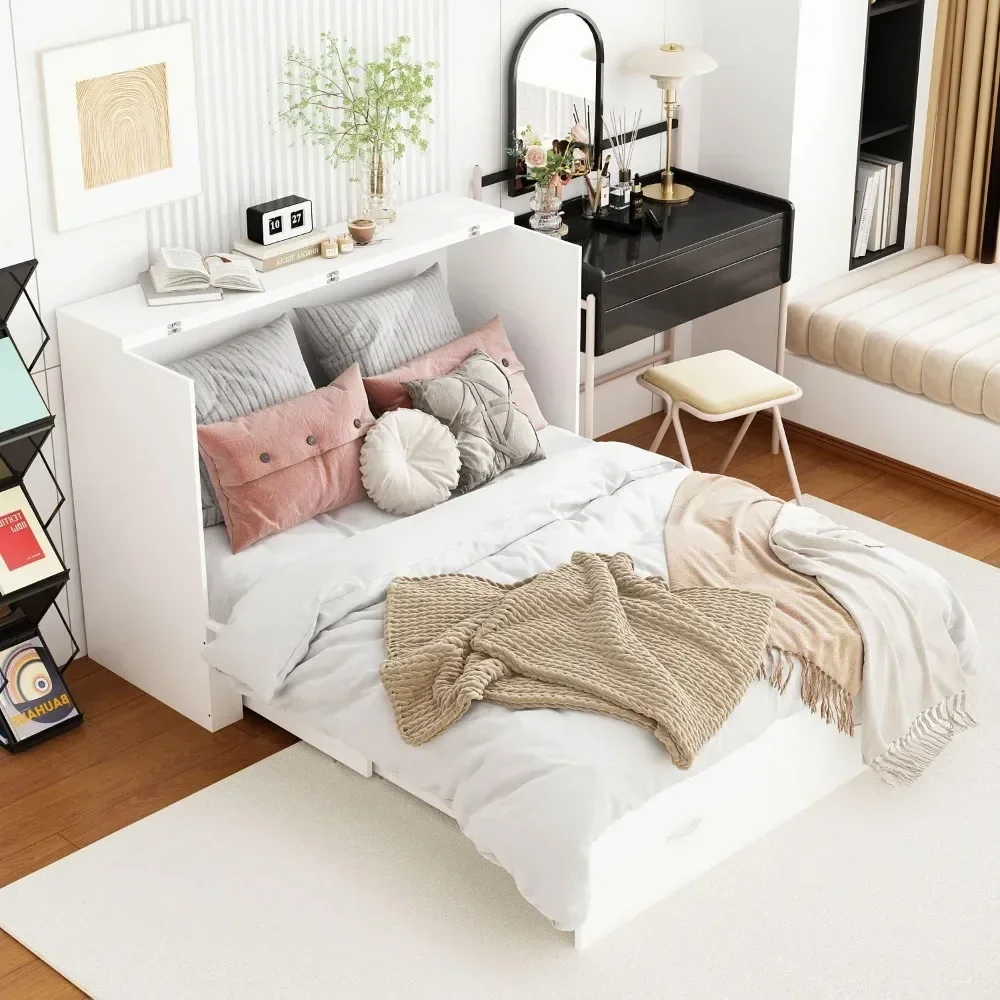 

Murphy Bed with Charging Station & Drawer, Mobile Cabinet Bed, Space-Saving Folding Murphy Bed(76.4”W x 55.1”D x 40.9”H)