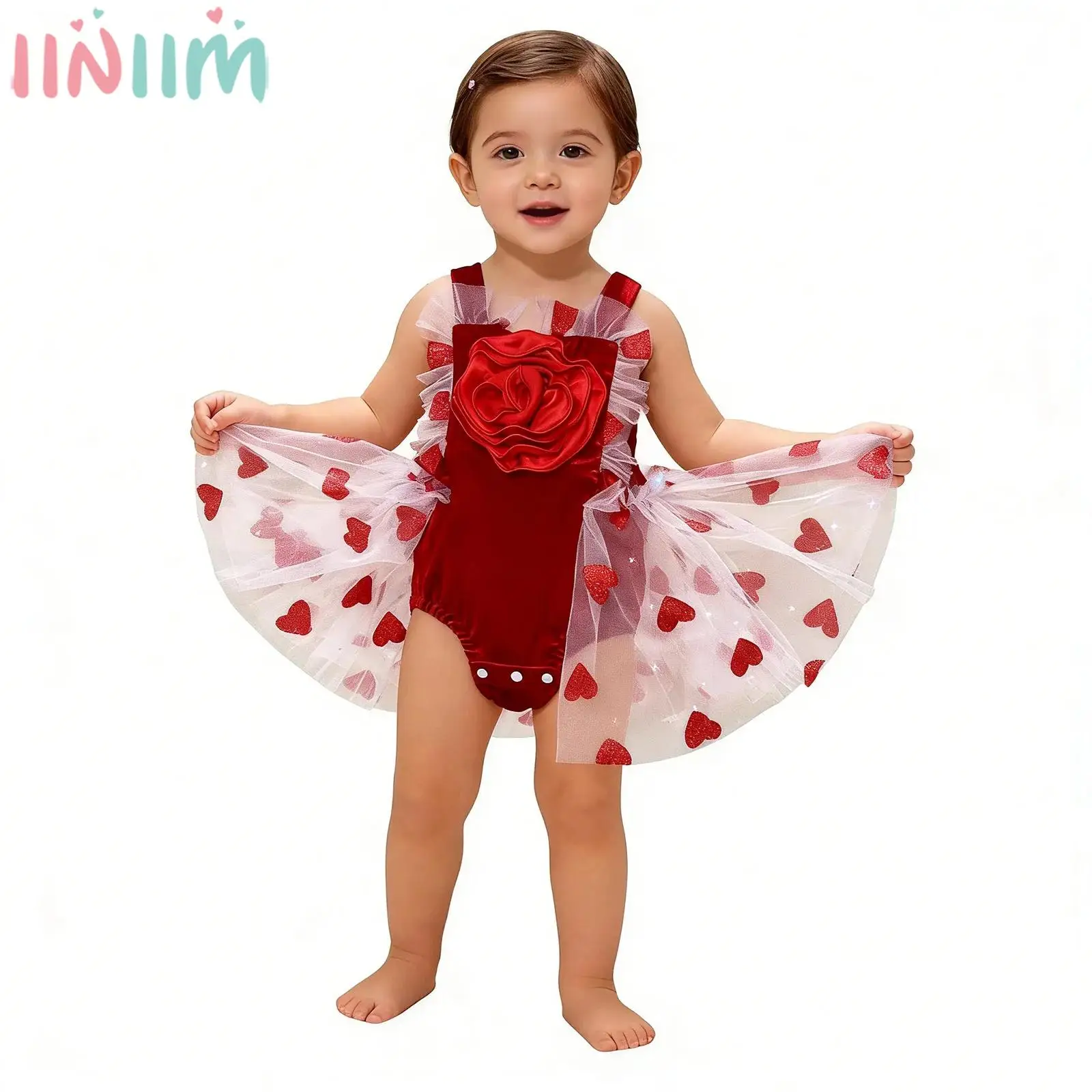 

Милый костюм на День святого Валентина для маленьких девочек, платье-комбинезон без рукавов с цветочным бантом и сердечками, тюлевое бархатное платье для дня рождения, фотосессии