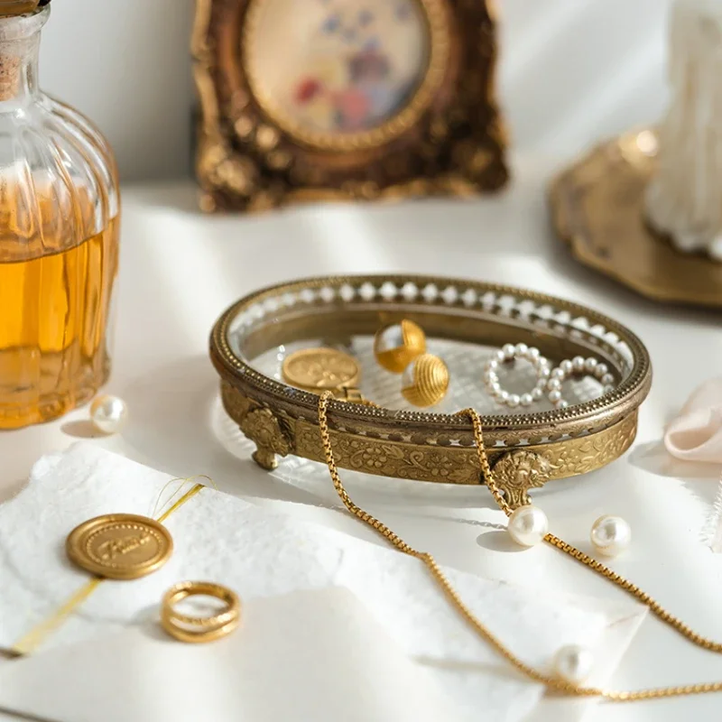 

European Oval Carved Tray, Home Brass Jewelry Dish, Champagne Gold Storage Box, Bedroom Decorative Plate