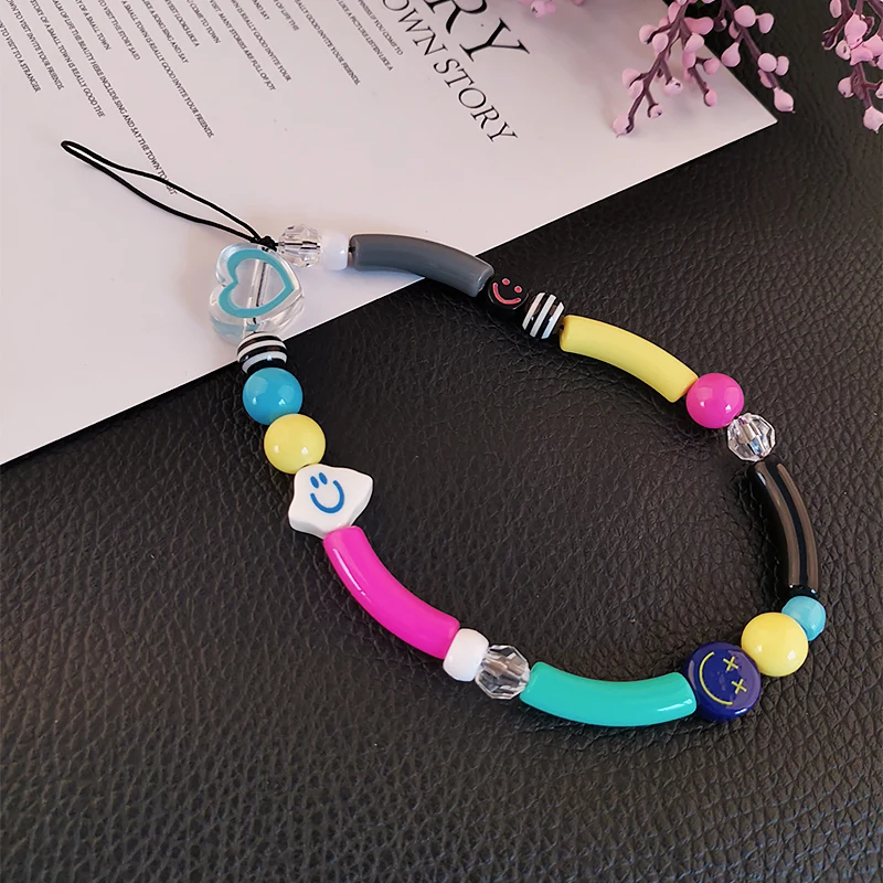 Short Bracelet Women's Pendant Mobile Phone Lanyard Pendant Cartoon Smiley Love Pendant Mini Wrist Anti-lost Keychain Lanyard