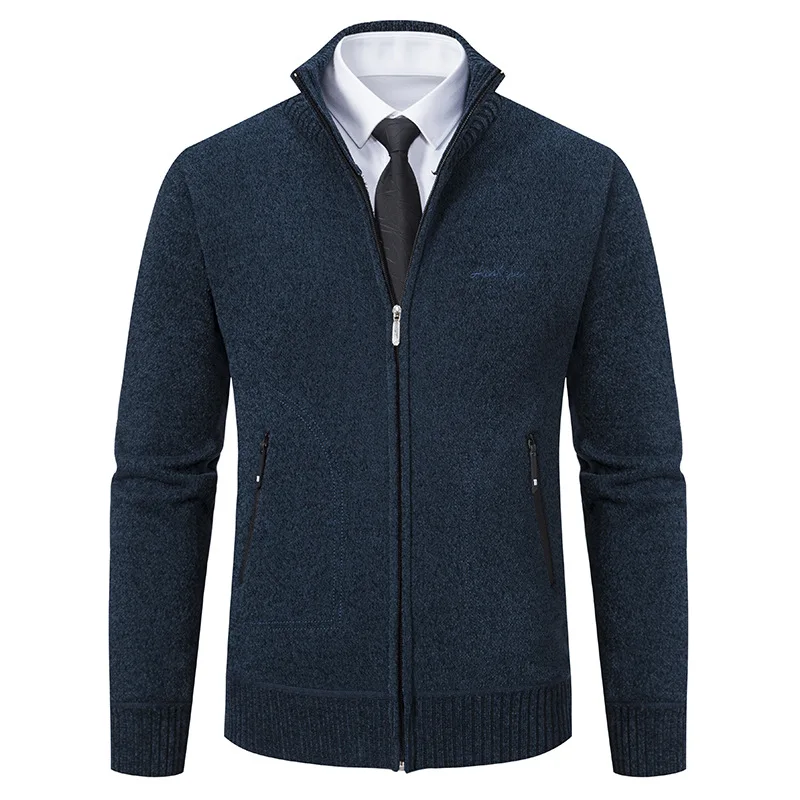 Cárdigan de punto para hombre, informal, de lana, con cuello levantado, suéter cálido, chaqueta, abrigo con cremallera a la moda, ropa para hombre 2024