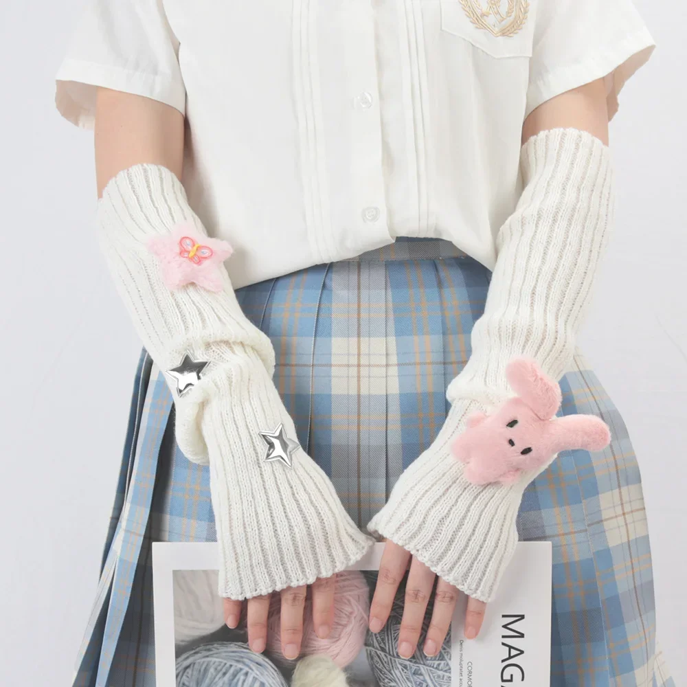 Winter Kawaii Arm Sleeves for Women Thicken Warm Knitted Arm Warmers  Long Sleeve Half-finger Glove Gothic Fingerless Mitten