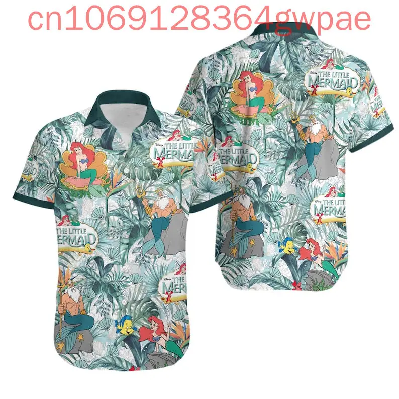 

Гавайские рубашки Ариэль «Русалочка» Disney, мужские и женские летние повседневные пляжные рубашки с короткими рукавами, детская рубашка на пуговицах