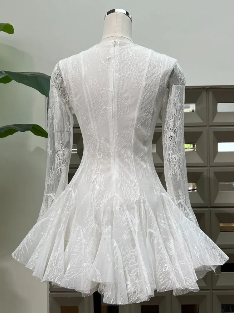 DFDG 2025 Spring Summer Women’s Lace Cutout Bodycon Dress Vintage Waist Tie Dress Trumpet Sleeve Breathable Button Party Dress