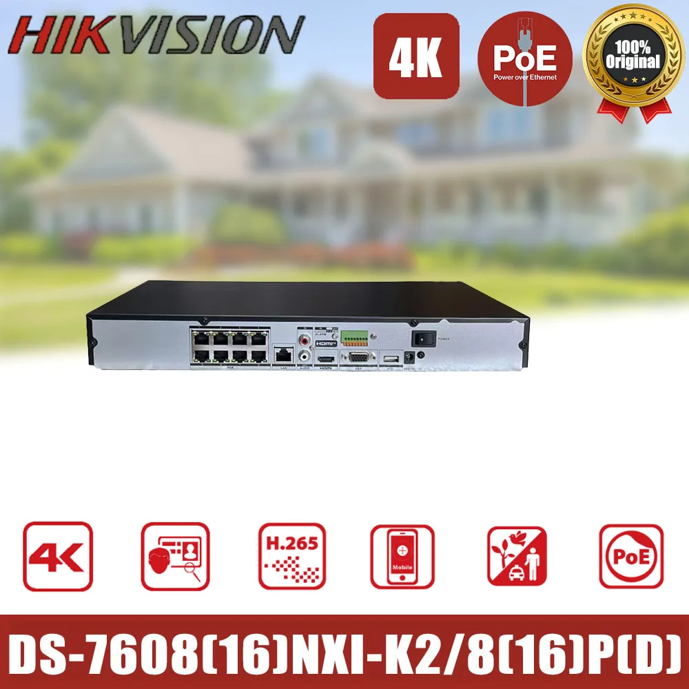 

Hikvision DS-7608NXI-K2/8P(D) DS-7616NXI-K2/16P(D) 8-канальный 16-канальный PoE 1U K серии AcuSense 4K NVR видеорегистратор для IP-камеры