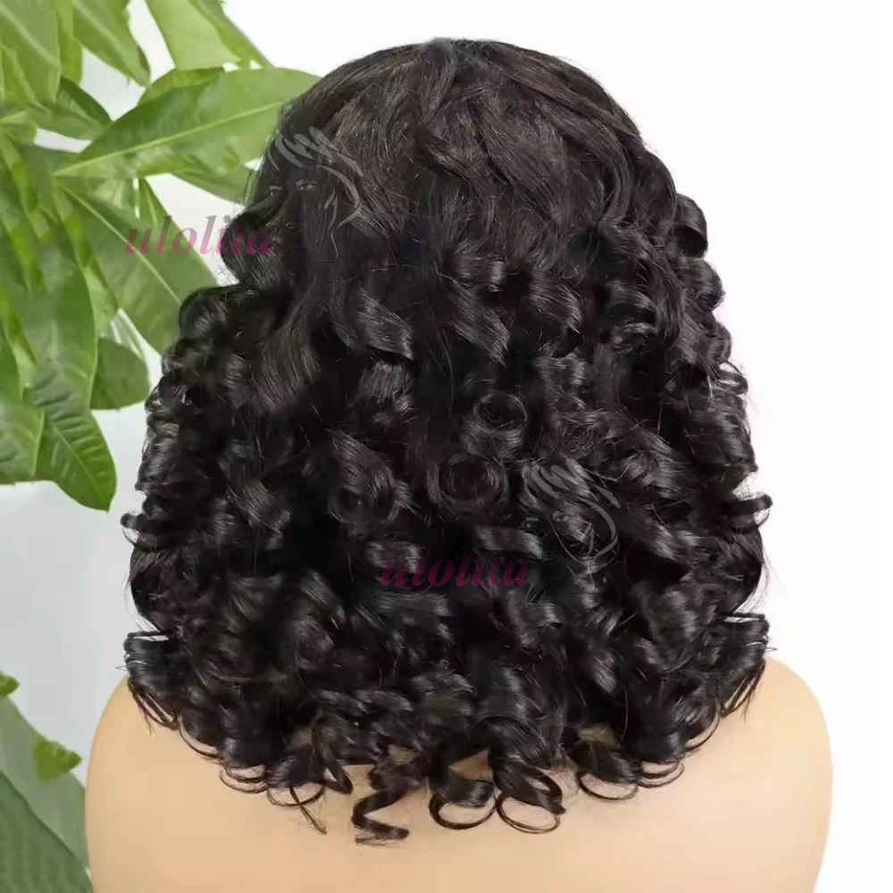 Wig Bob Ikat Kepala Longgar Melenting dengan Kepadatan 200% 14 Inci Wig Bob Buatan Mesin untuk Wanita Kulit Hitam Wig Rambut Manusia Remy Brasil Alami