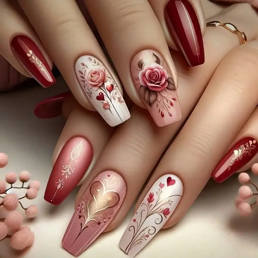 

24 шт. наклеек для ногтей в форме сладких роз и сердечек, самоклеящиеся, многоразовые, для вечеринок, повседневного использования, свиданий, свадеб