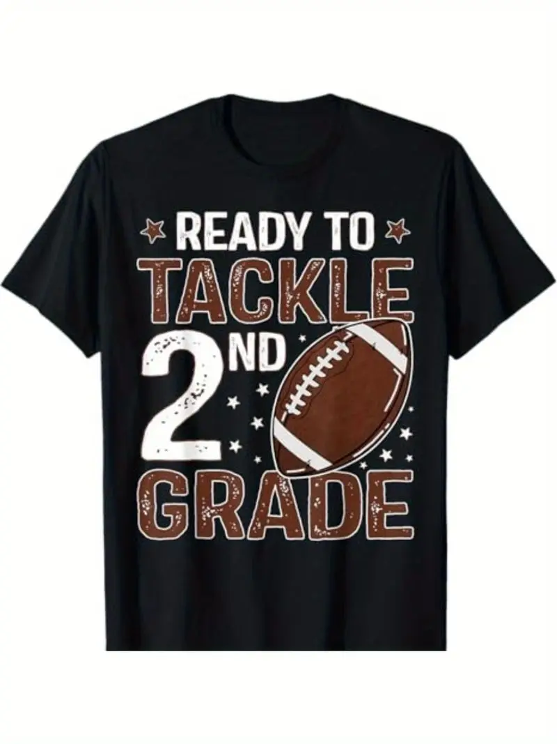 Boys Girls Ready To Tackle 2Nd Grade Football Graphic T-Shirt, Short Sleeve Crew Neck Tee For School Sports Events Birthday Gift