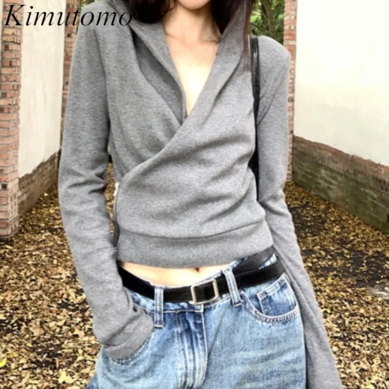 

Женские винтажные сексуальные укороченные топы Kimutomo с длинным рукавом, капюшоном и V-образным вырезом, в стиле гранж Y2K, эстетика Харадзюку