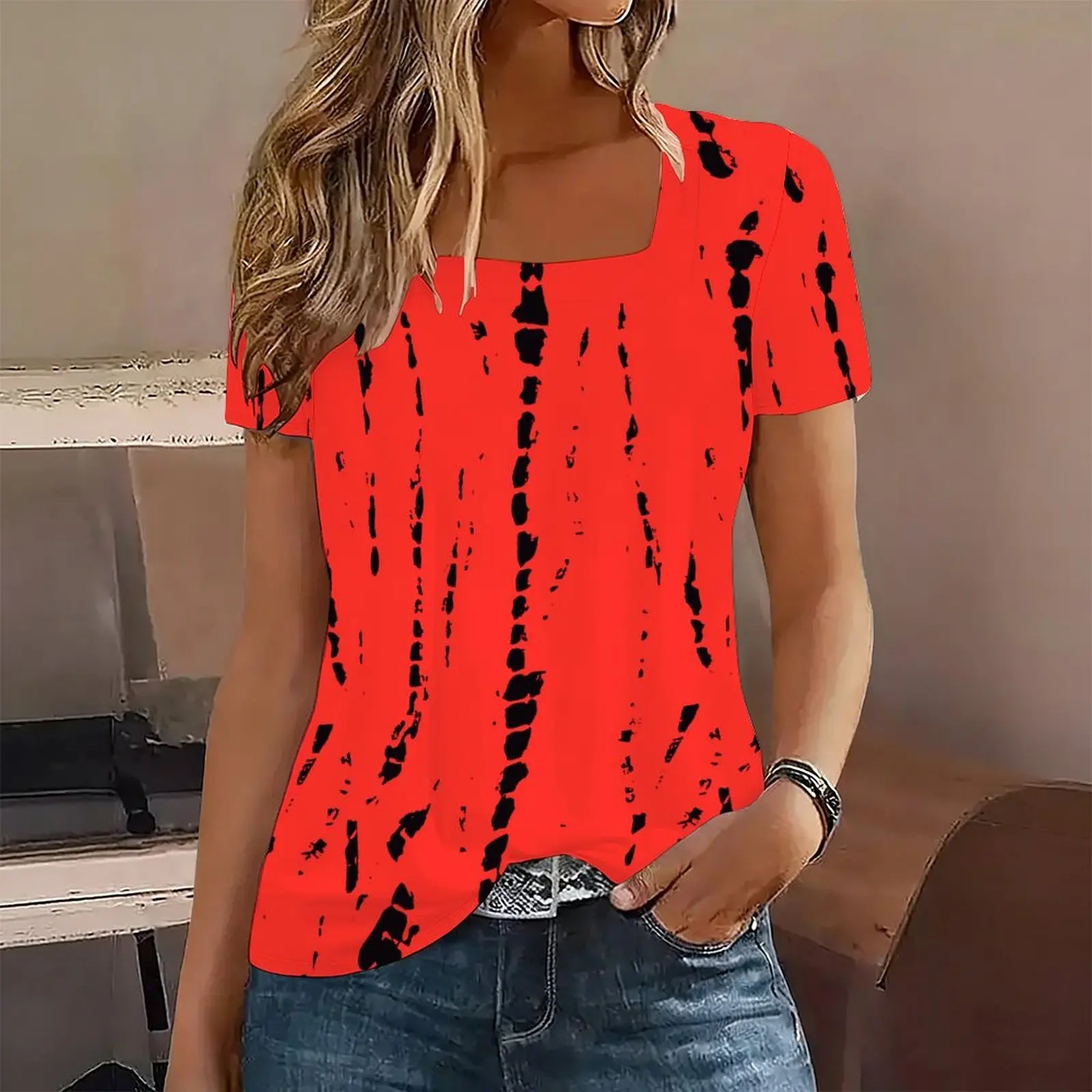 Women Vintage Rose Floral Print Asymmetric Square Neck Short Sleeve Casual Slim Tops