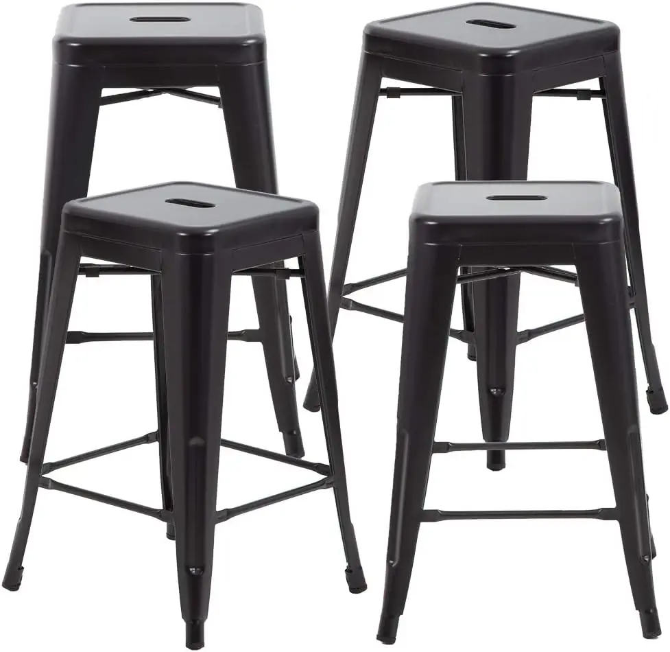 24 Inch Metal Stools Bar Stools Set Height Stackable Barstools Indoor Outdoor Dining Backless Kitchen Bar Stools Set of 4 (Black
