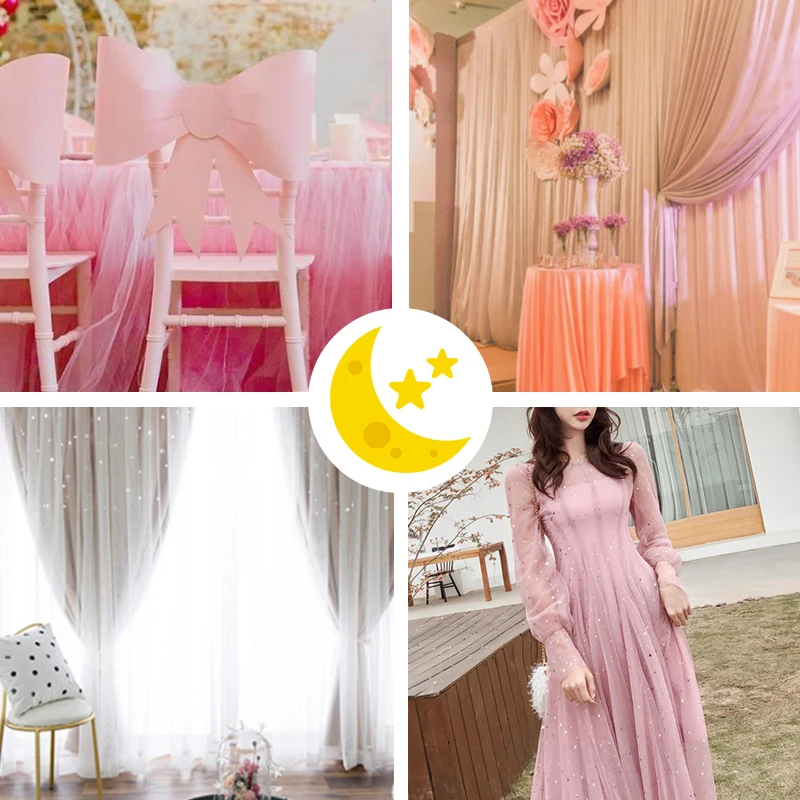 Star Moon Sequin Tulle Fabric Per Meter for Curtain Clothes Wedding Decoration Diy Sewing Gauze Cloth Gradient Plain Soft Pink