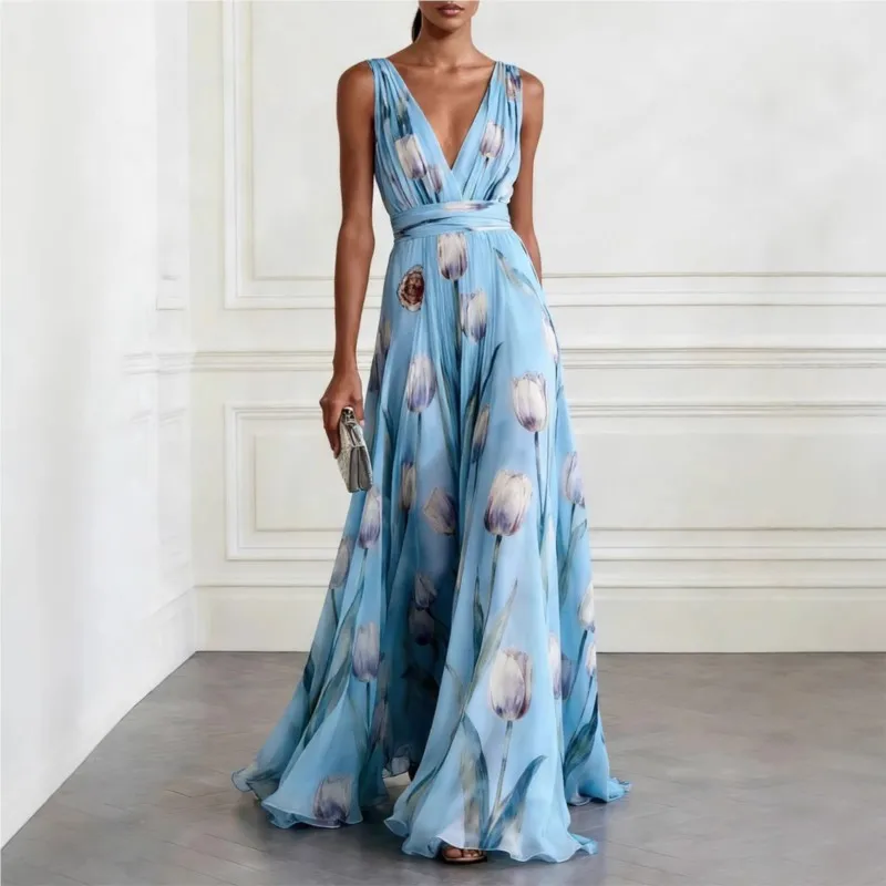 

Elegant Chiffon Print Long Dress 2026 Summer Women Sleeveless Deep V-Neck High Waist Casual Party Flowy Banquet Dress Holiday