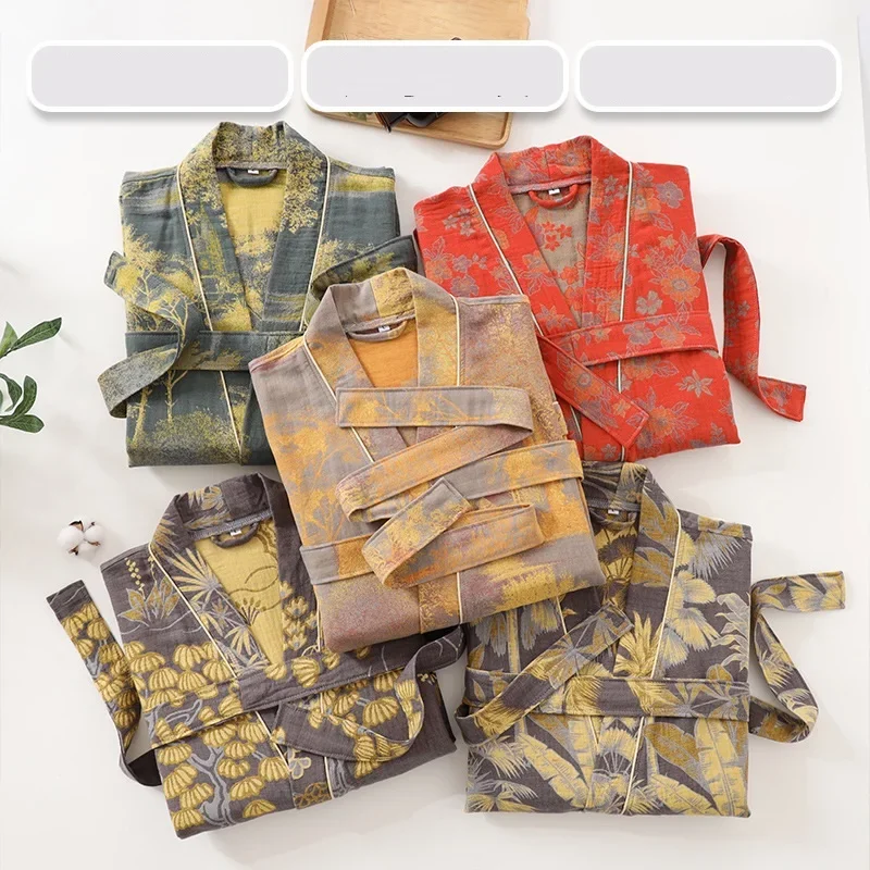 Primavera Estate Puro Cotone Doppi Strati di Garza Accappatoio Sottile Tessuto Tinto Abbigliamento Per La Casa Coppie Stile Giapponese Kimono Abito Pigiama