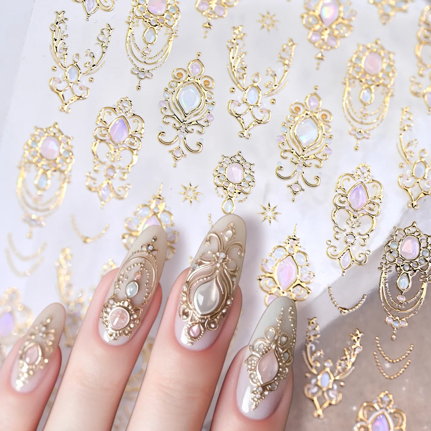 Luxury Gold Frame Opal Gem Nail Stickers, Vintage Baroque Rhinestone Self Adhesive Nail Decals, Elegant Princess Jewel Sliders for Wedding Bridal DIY Manicure Nail Art Decor Supplies