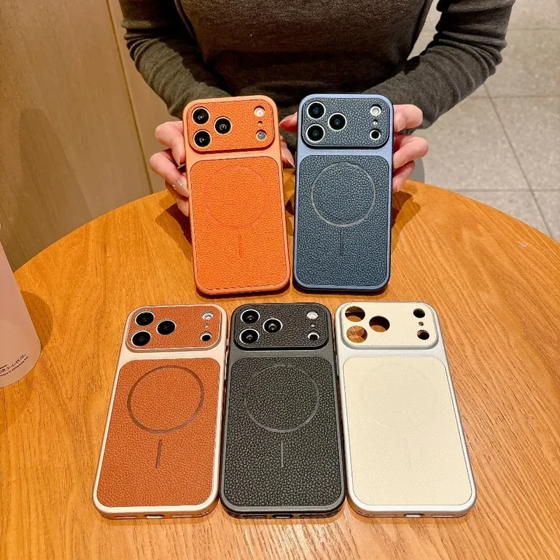 

Роскошный чехол для телефона с текстурой личи для iPhone 17 Air 16 15 14 13 Pro Max 12 11, с поддержкой MagSafe, магнитный, противоударный