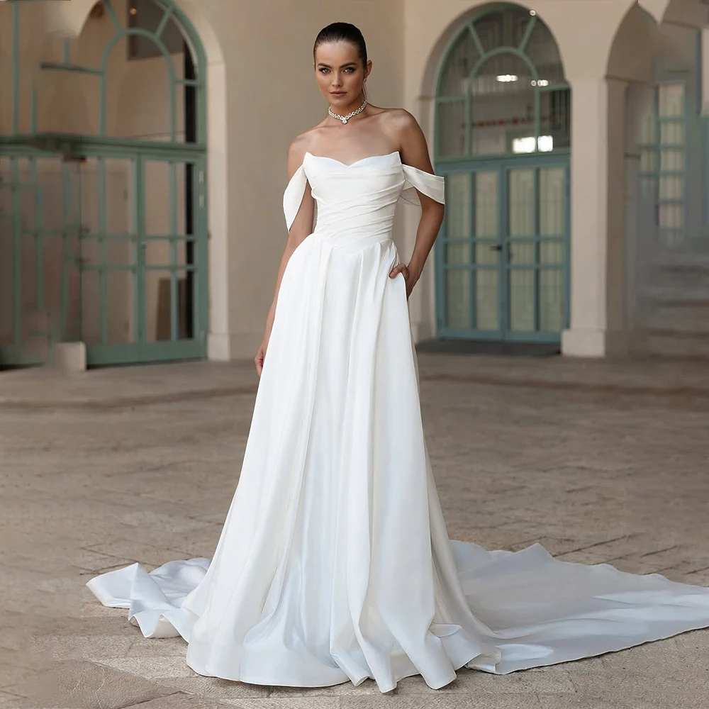 

Simple A Line Weddings Dresses for Women Sweetheart Sleeveless Sweep Train White Stain Bride Dress Long Bridal Gown Customized