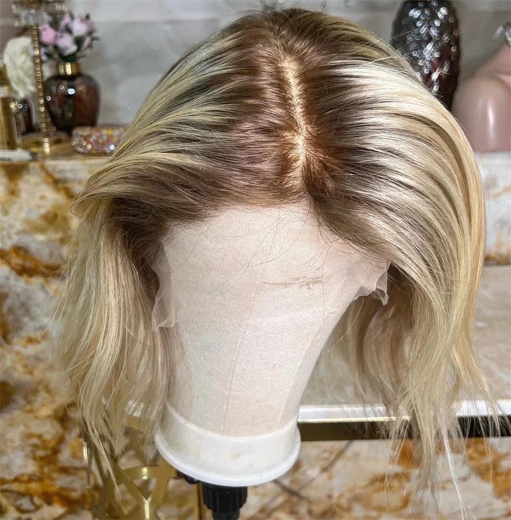 Preplucked Glueless Natural Wave Wig Synthetic Lace Front Wig Platinum Blonde Ombre Wigs for Women Ash Roots Short Wig Cosplay