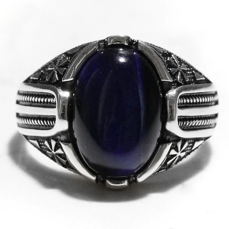 New S925 Sterling Silver Men\'s Türkiye Handmade Ring Oval Natural Blue Tiger Eye Vintage Fashion Punk Luxury Jewelry Gift