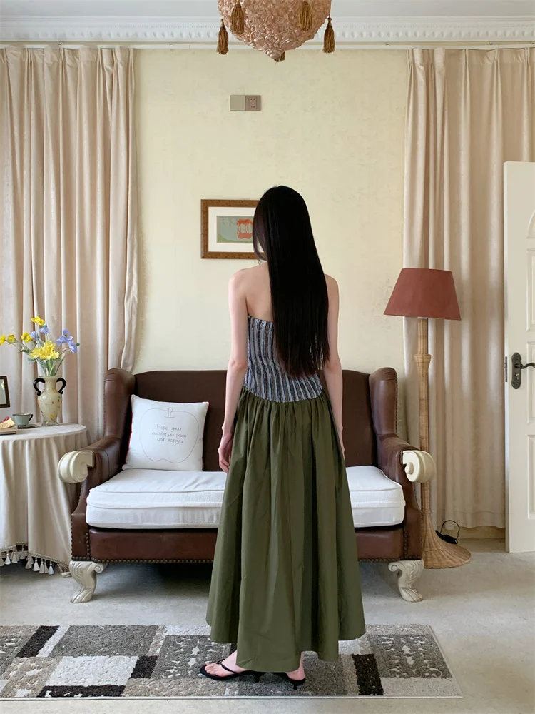 Sukienki CHEERART w paski, patchworkowe, bez ramiączek, długie, 2025, damskie aplikacje, zielona suknia balowa, designerska sukienka midi, odzież