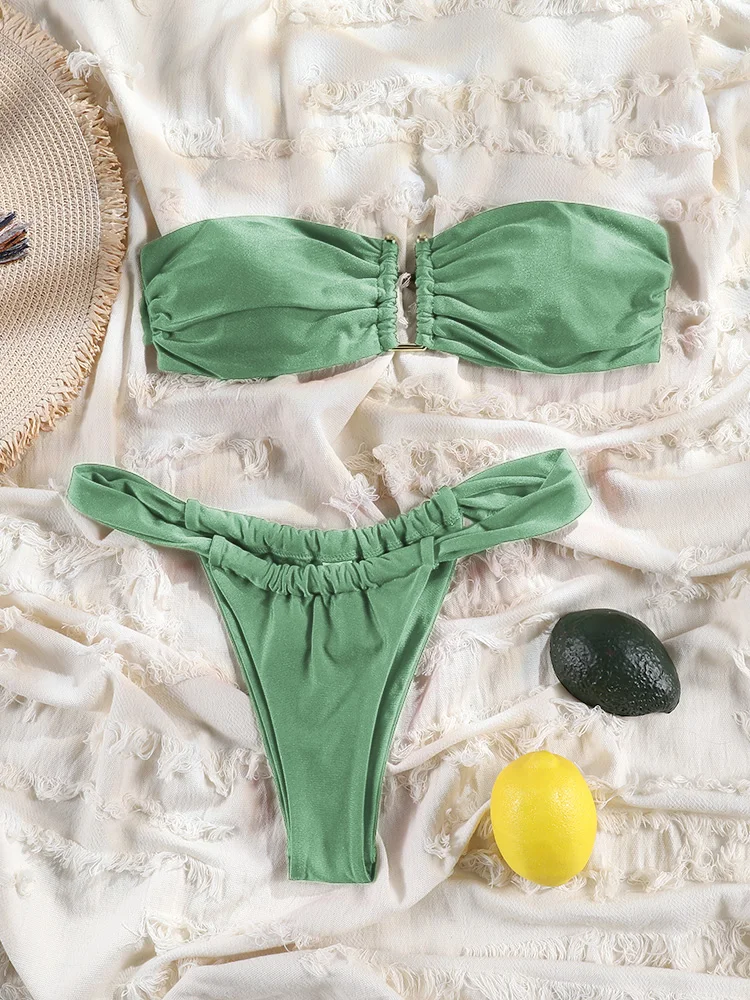 Rinabe-Bikini verde con hebilla de Metal, traje de baño Bandeau, trajes de baño de corte alto, microbikinis con realce, 