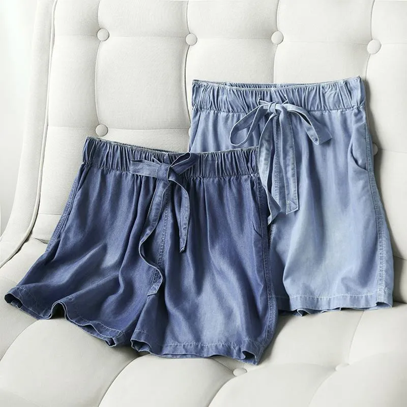 New 2023 Summer Arts Style Women Elastic Waist  Loose Cotton Denim Shorts All-matched Casual Vintage Blue Hot Pants Jeans P146