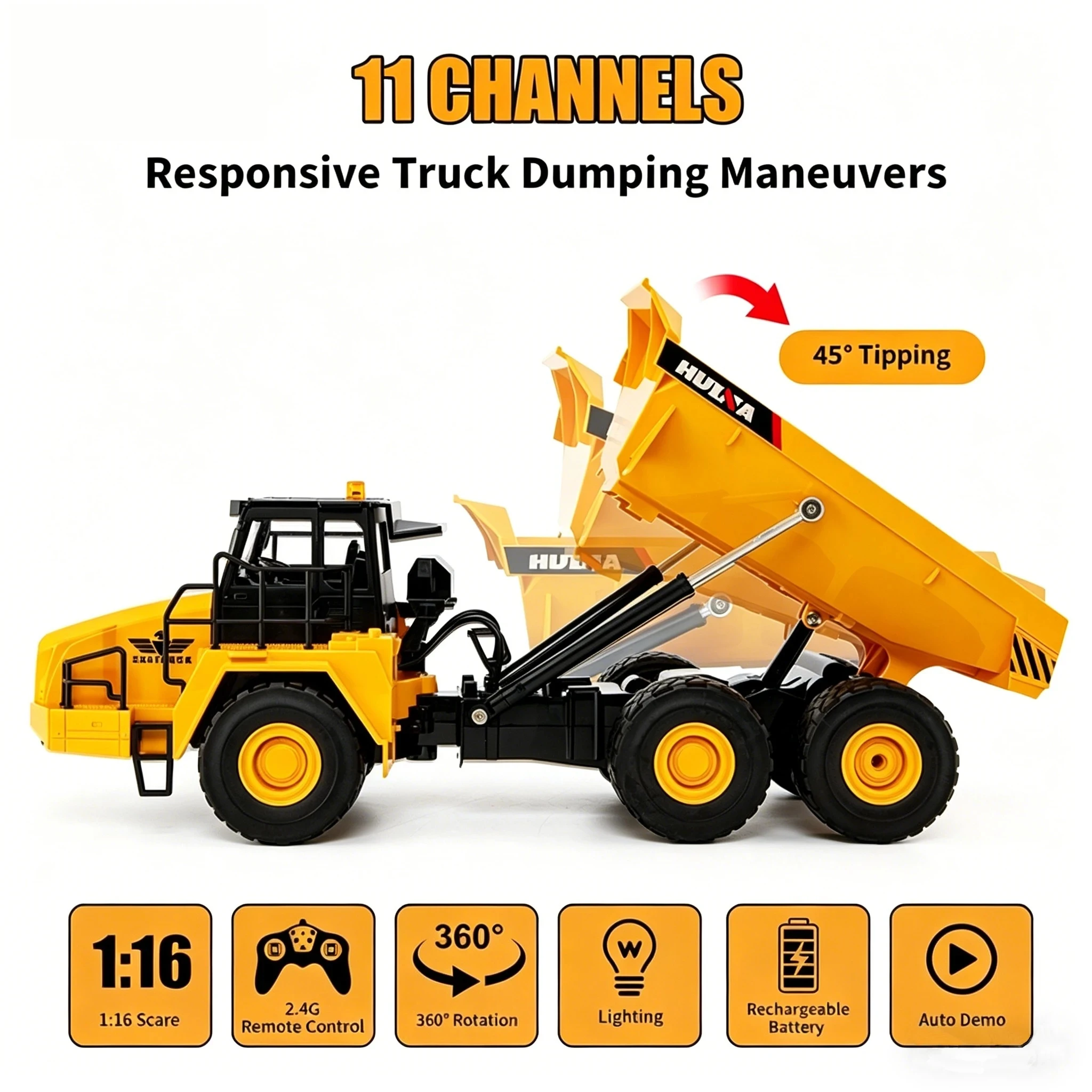 RC Truck No.1553 1:16 11CH Simulated Motion ﻿Remote Control Dumper Engineering Vehicle Model Toy Collection Men Gift