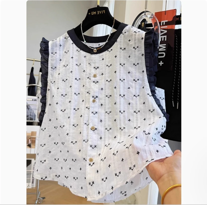 

Маленький топ с летящими рукавами и черным грибком, блузка без рукавов с вышивкой для женщин, очень красивая, жилет и жилет.