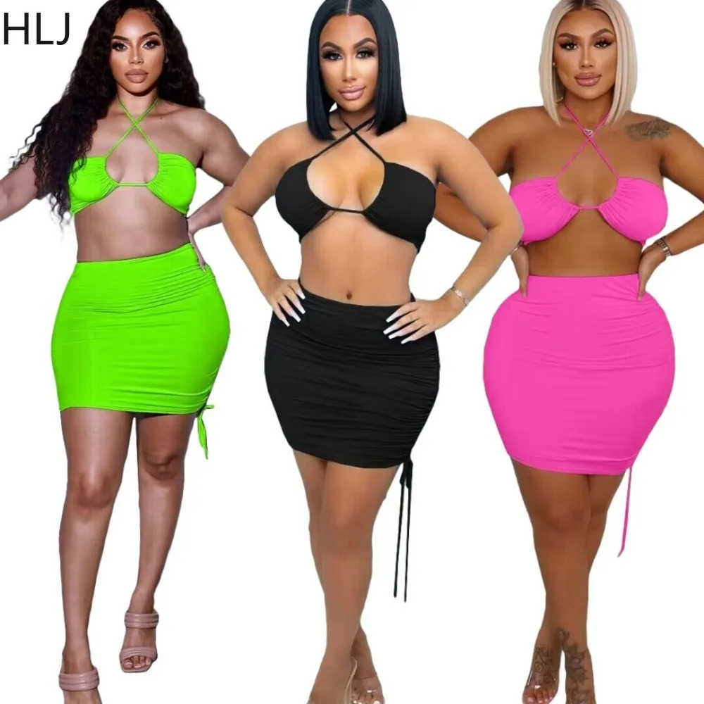 

HLJ Sexy Solid Drawstring Bandage Mini Skirts Two Piece Sets Women Halter Sleeveless Backless Crop Top And Skirt Holiday Outfits