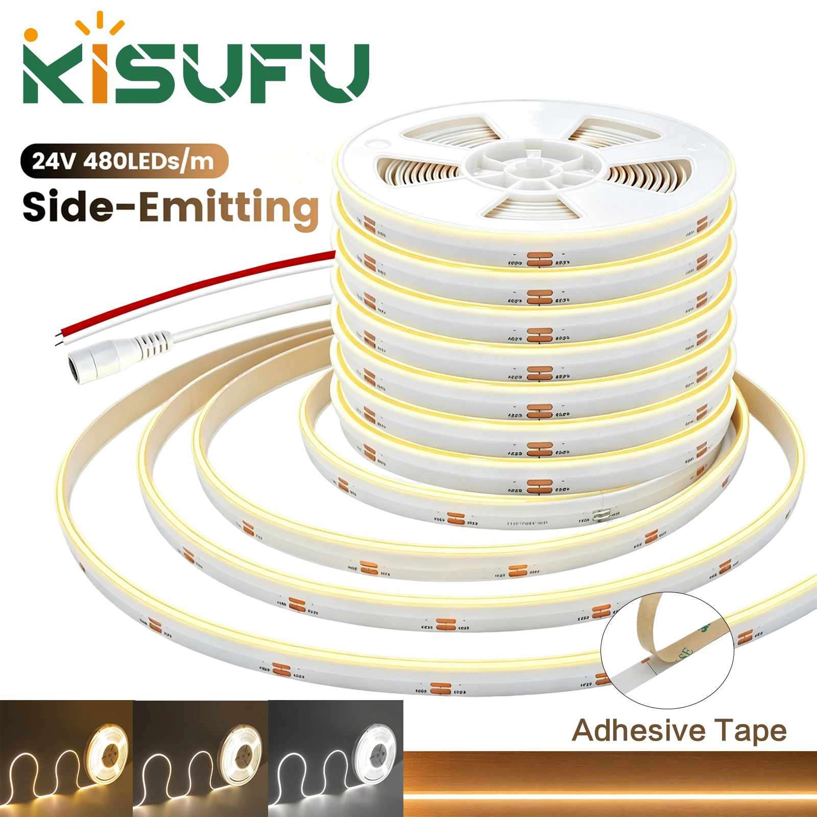 24V COB LED Strip 480LEDs/M High Bright Side Emitting White Natural Warm Adhesive Ribbon Tape  5M 3M 2M Room TV Game DIY Decor