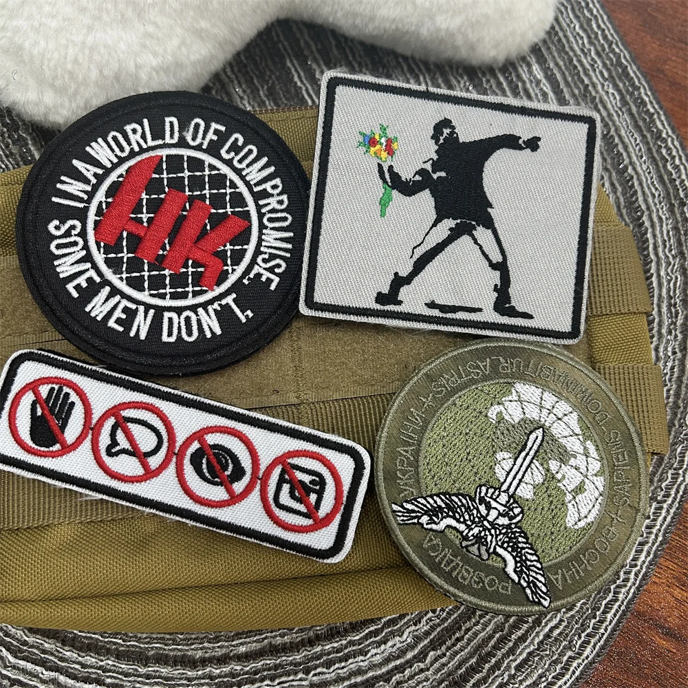 Banksy Throwing Flower Boy Embroidered Tactical Patch Prohibited Logo Outdoor Adventure Military Hook and Loop Backpack Stickers