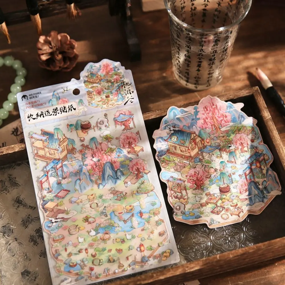 Creative Chinese Retro 3D Stacked Landscape Stickers Cartoon PVC DIY Scene Decals Multicolor Game Stationery Sticker Game