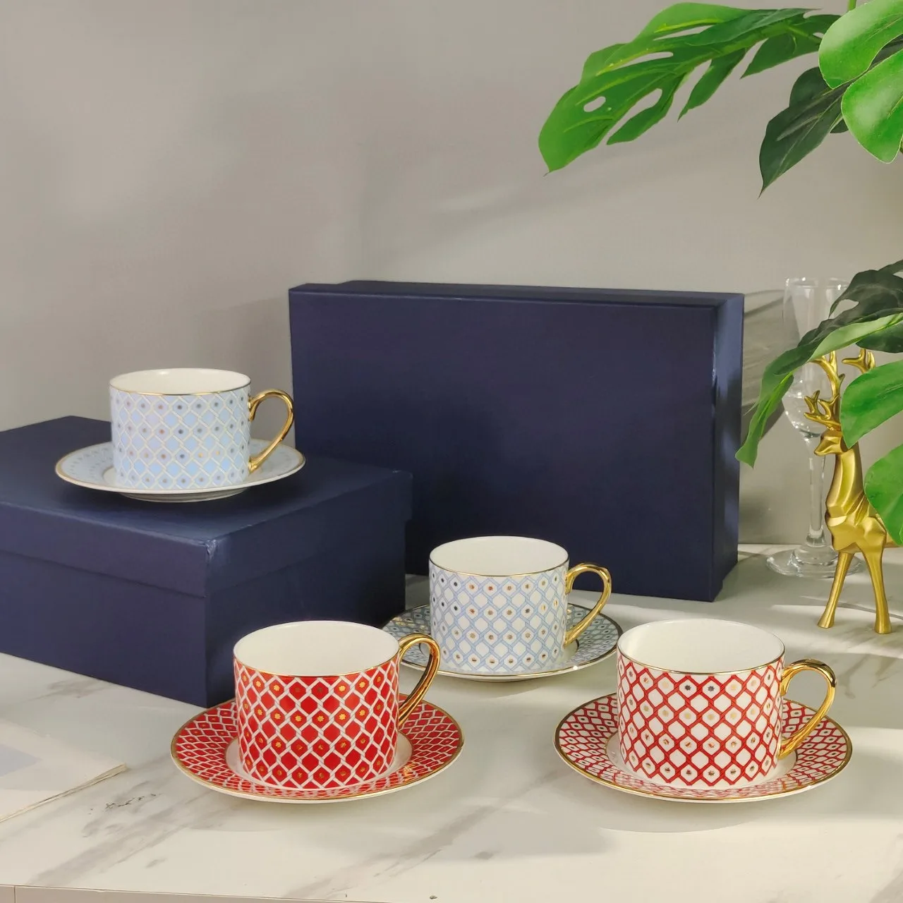 Royal Blue Star Bone Porcelain Gold Plated Coffee Cup and Dish, Palace Style Afternoon Tea Cup and Dish Set