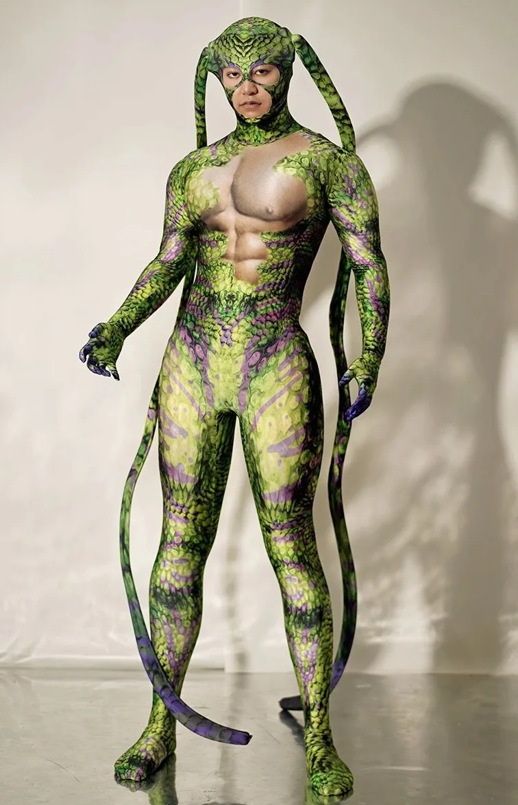 Halloween Rave Party Role playing Stage Clothes Green bodysuit snake Spandex Stretch Skinny Jumpsuit Men Women play Costume