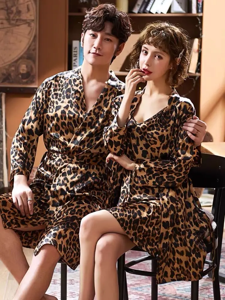 Men Leoprad Print Shower Bath Robe Satin Silk Night Bathrobe Peignoir Nightgown Wedding Dressing Gown Bride Bridesmaid Nightwear