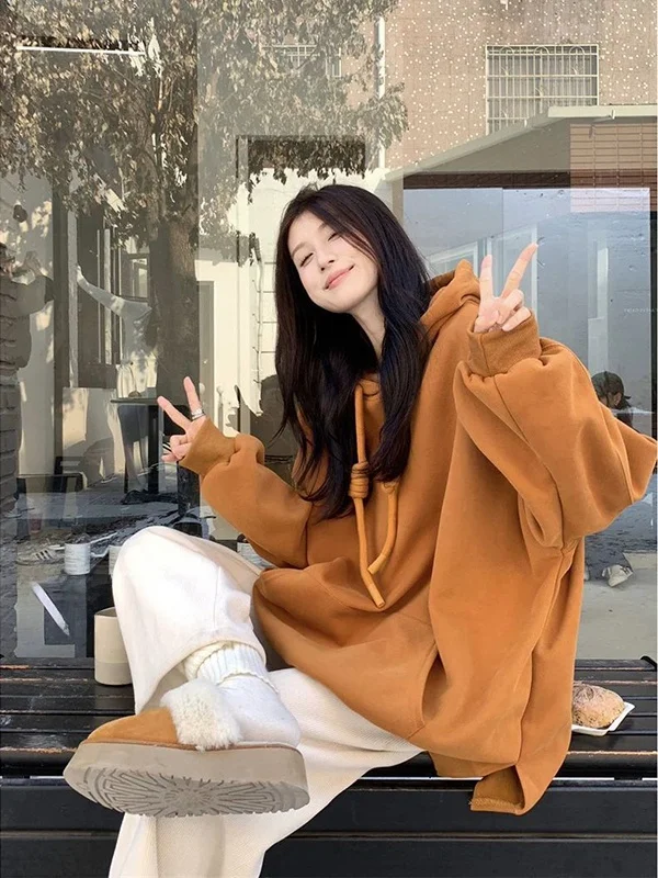 

plus Size Hoodie Women's Fce Lined Dstring Jaet Orange Oversize Comfortable Sweatirt Korean Sle Spring Outerwear