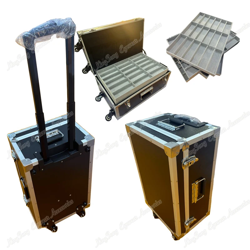 Reinforced Robust Eyewear Travel Trolley Trunk Suitcase with Wheels and Puller for 90 Frames
