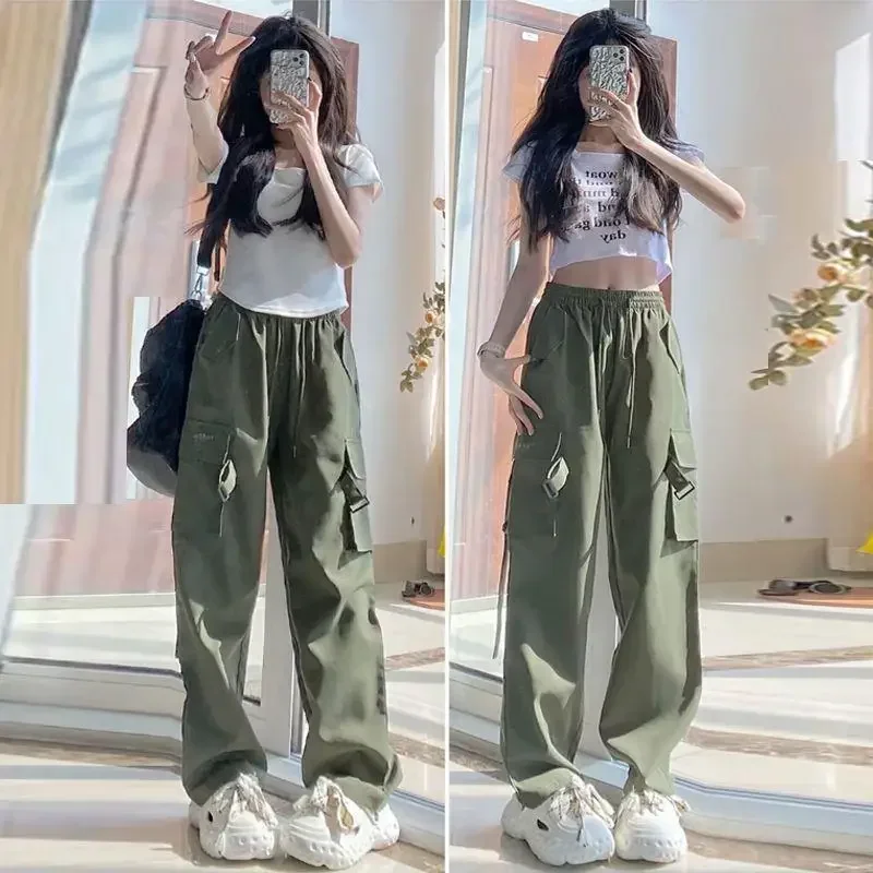 Summer New Cargo Pants For Women Korean Style Sweet High Waist Straight Tube Loose Wide Leg Pants Y2k Wide Leg Pants