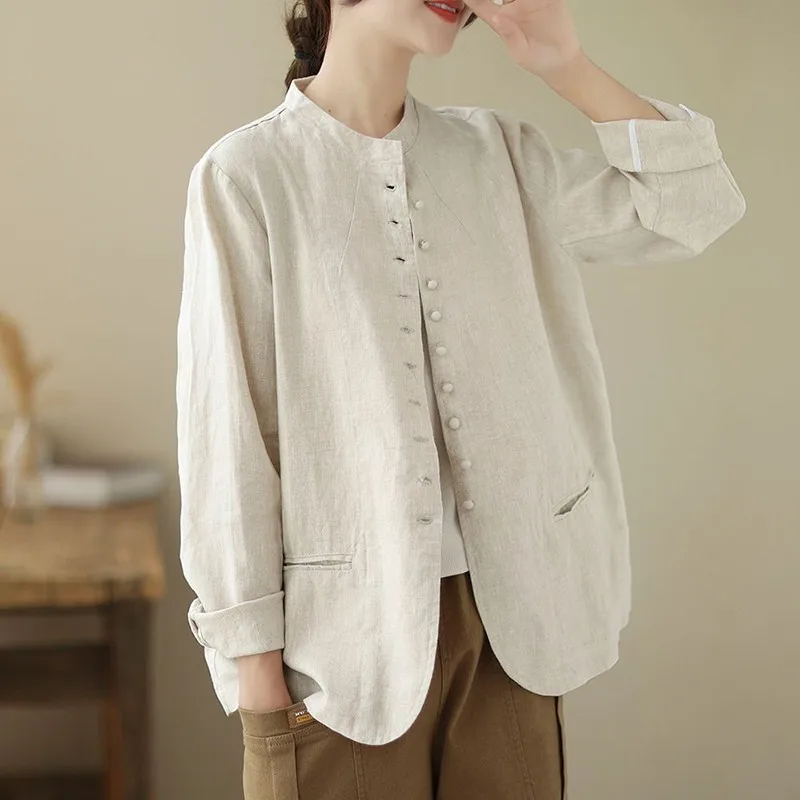 2023 New Arrival Spring Women Casual Loose O-neck Long Sleeve Outerwear & Coats  Single Breasted Cotton Linen Jackets Coat P653