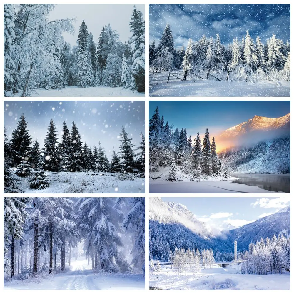 

Winter Snow Forest Backdrop Nature Scenery Pine Trees Snowy Mountain Birthday Party Kids Portrait Photography Background Decor