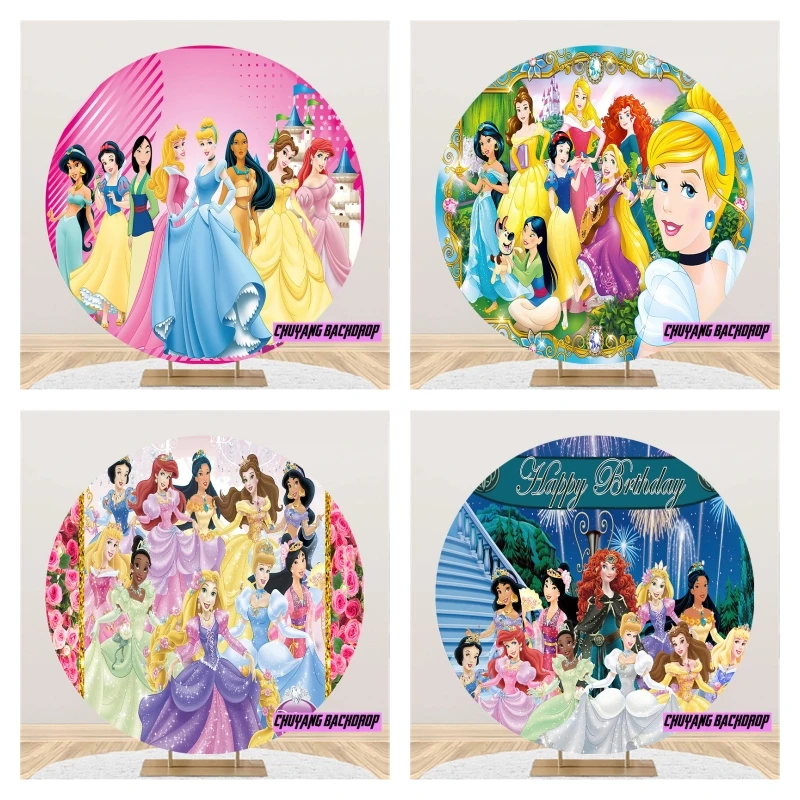 Toile de fond ronde sur le thème du château de princesse Disney, décoration de fête d'anniversaire pour filles, fond de cercle de photo de douche de bébé, accessoires de stand