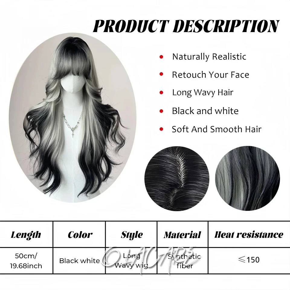 LM Long Body Wave Black And Gray Ombre Cosplay Wigs Heat Resistant Synthetic Wigs Bangs Natural Lolita Wigs For Women Halloween