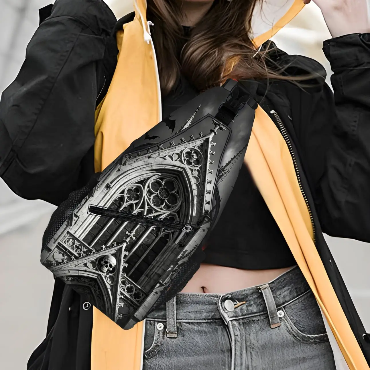 1pc Vintage Black White Gothic Cathedral Skull Print Sling Chest Bag, Adjustable Strap Crossbody Backpack for Punk Goth Streetwe view 2