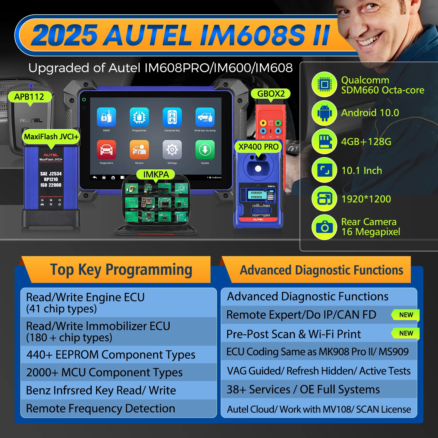 الماسح الضوئي لبرنامج Autel IM608 II IM608S II Key FOB أداة برمجة مجموعة كاملة من الماسح الضوئي التشخيصي، وظيفة IMMO العلوية، ترميز وحدة التحكم الإلكترونية