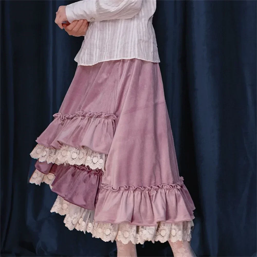 

High Waist A-line Irregular Loose Thicken Sweet Long Skirts Vintage Japanese Style Lace Spliced Purple Ruffled Women Skirts XQ38