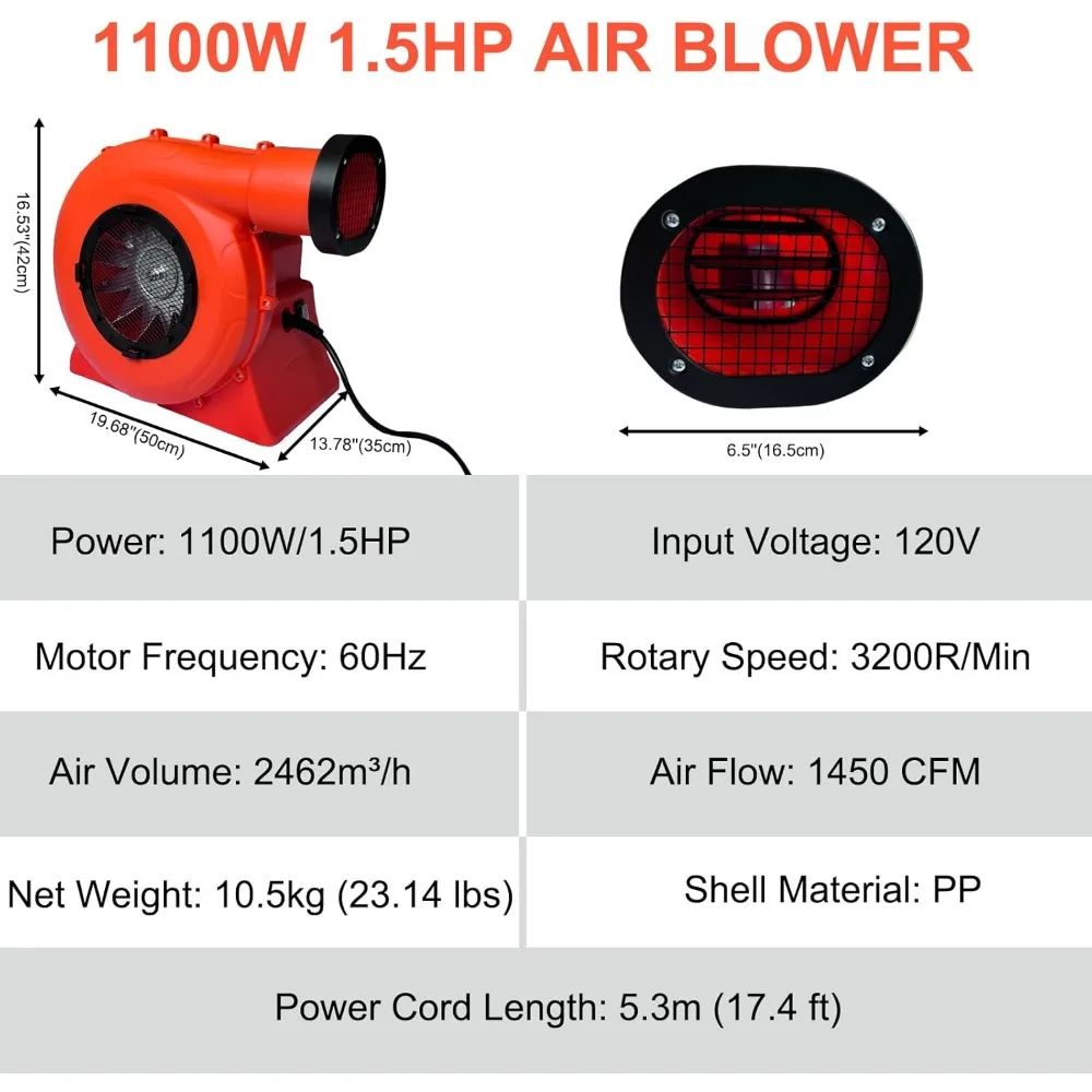 منفاخ منزل قوي بقوة 1100 وات/1.5 حصان، مضخة مروحة محمولة تجارية للمطاطية الكبيرة، شرائح المياه، القلاع
