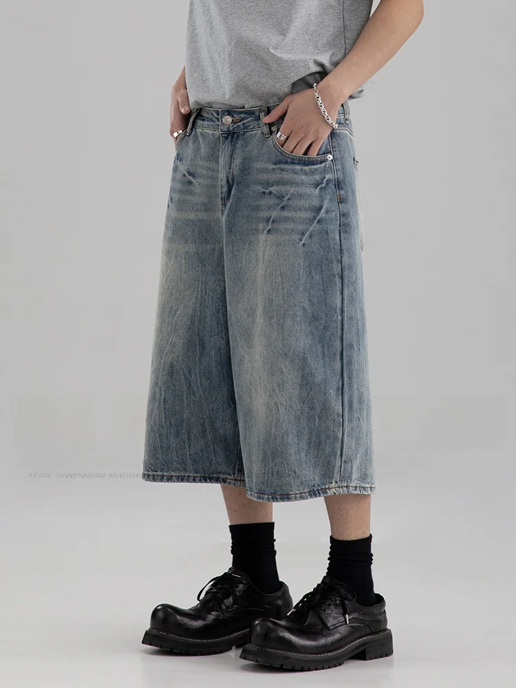 

Retro American Wide Leg Jeans Men's Spring 2026 Lightning Turtle Crack Straight Loose Seven-Quarter Shorts Neutral Women