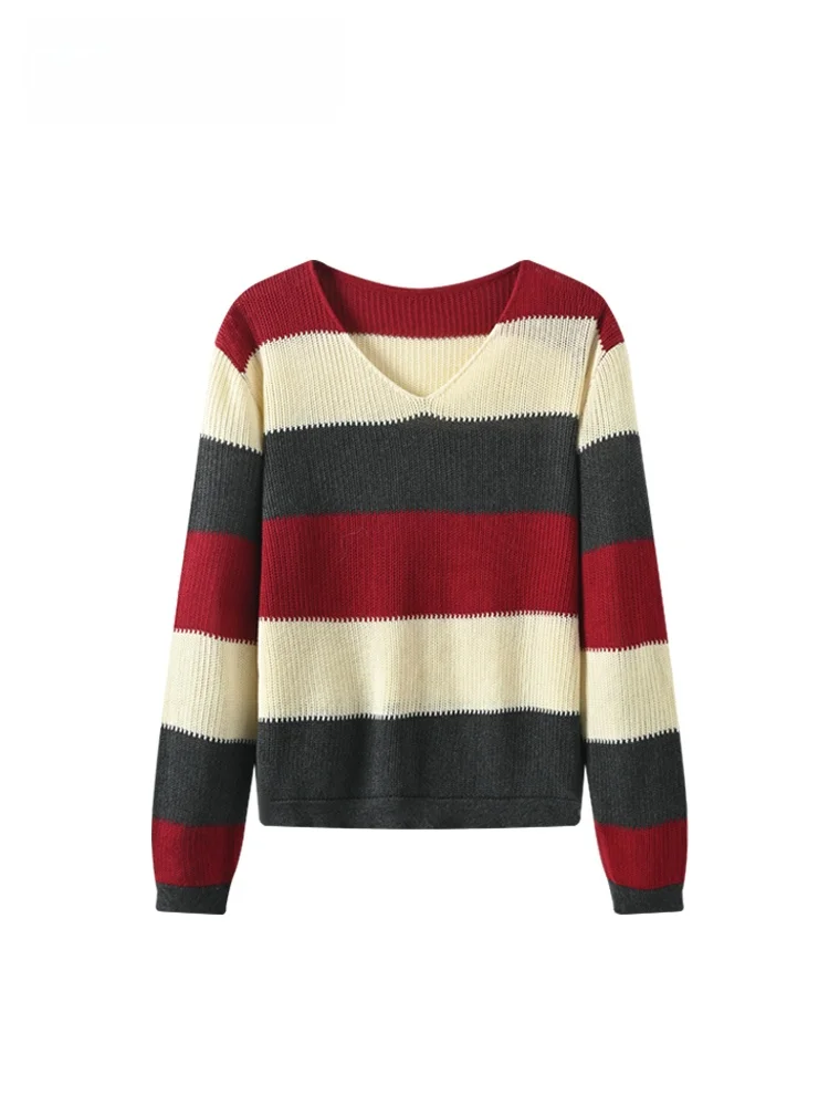 

plus Size Women's Long Sve Striped Knitwear V-Ne Loose Sle Faionable Vintage Lazy Girl Spring Trendy Sweater
