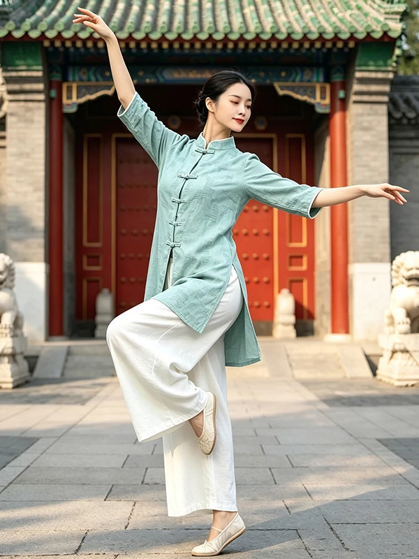 Chinoiserie Zen Tea Shirt Cotton Linen Oversized Women's Mid-Length Tai Chi Shirt Five-Quarter Sleeve Top Stand Collar